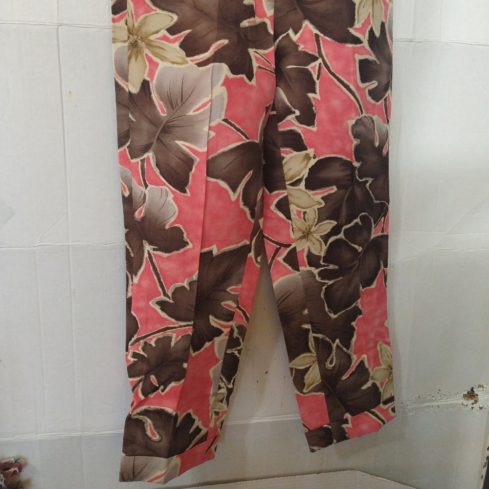 Fashionable Patterned Melon and Brown Silk Linen Leaf Pants By Talbot's Sz 2P